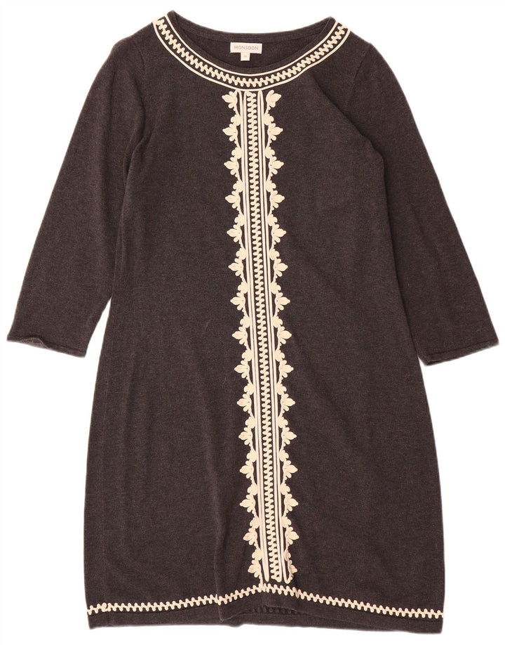 MONSOON Γυναικείο φόρεμα 3/4 με μανίκια UK 12 μεσαίο γκρι βαμβακερό