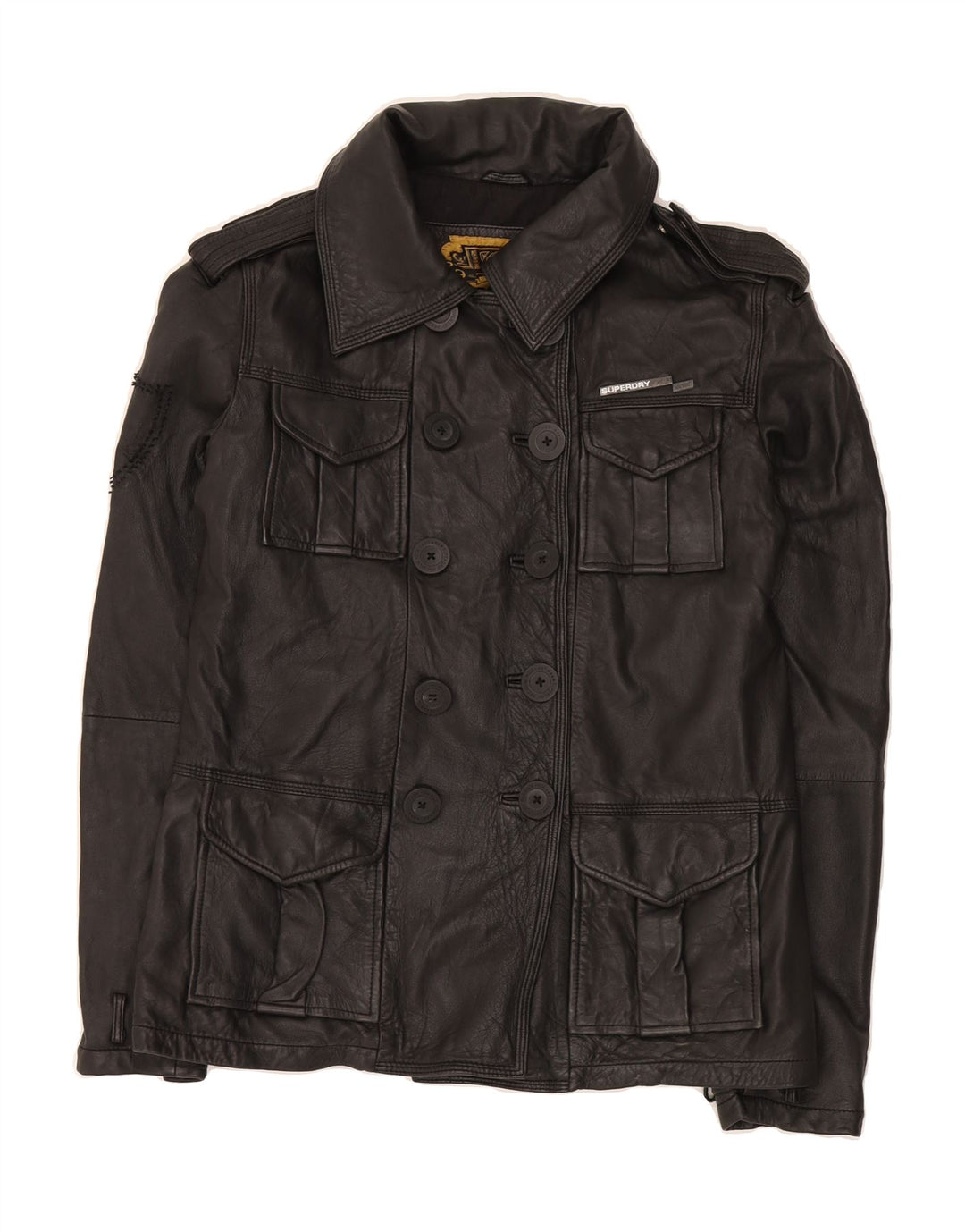 SUPERDRY Womens Military Double Breasted Jacket UK 14 Medium Black Leather Vintage Superdry and Second-Hand Superdry from Messina Hembry 