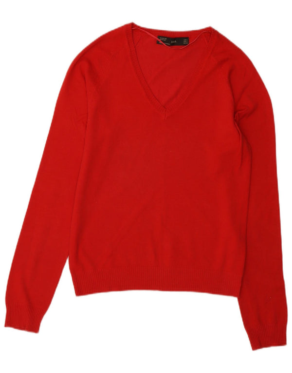 Zara Γυναικείο πουλόβερ με V λαιμόκοψη UK 10 Small κόκκινο βαμβακερό