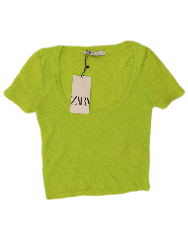 Zara γυναικείο κοντό μανίκι πουλόβερ με λαιμόκοψη UK 8 Small Green