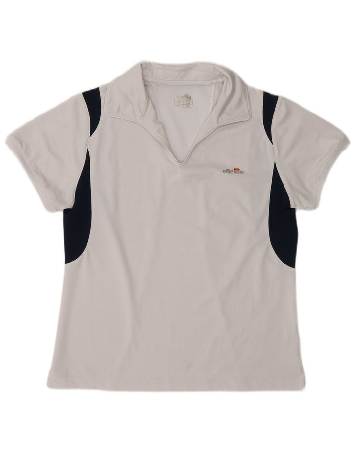 ELLESSE Womens Polo Shirt UK 12 Medium Blue Colourblock Polyester Vintage Ellesse and Second-Hand Ellesse from Messina Hembry 