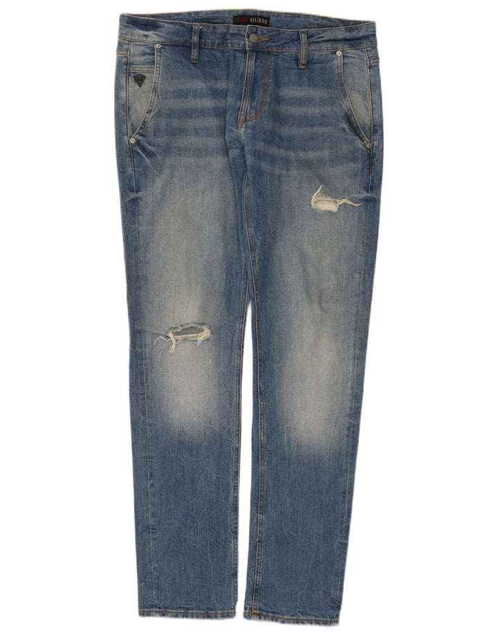 Guess Mens Distressed Slim Jeans W33 L32 Μπλε βαμβακερό
