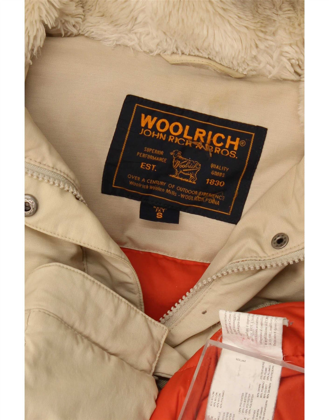 Woolrich γυναικείο μπουφάν με κουκούλα μεγάλου μεγέθους padded UK 10 μικρό μπεζ βαμβακερό