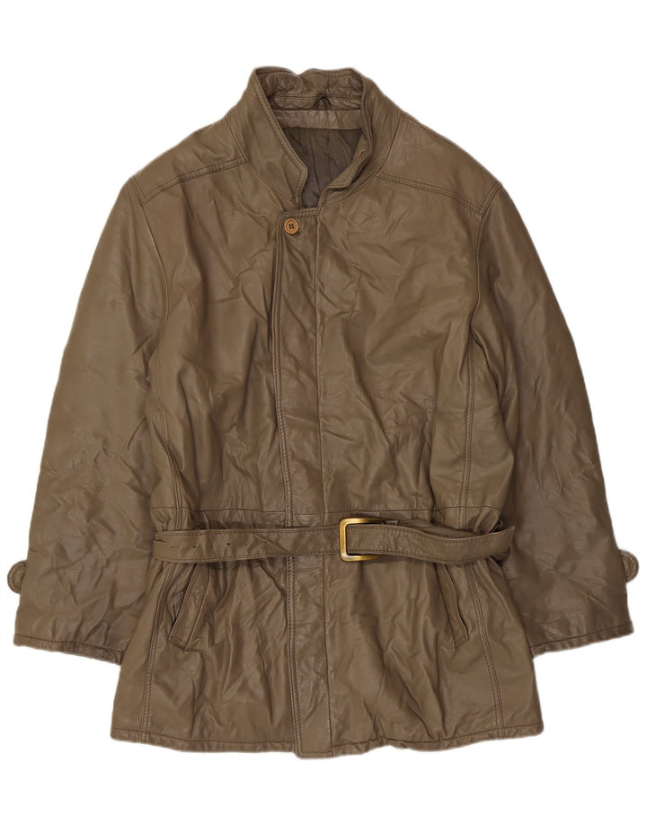 VINTAGE Womens Leather Coat UK 14 Large Khaki Leather