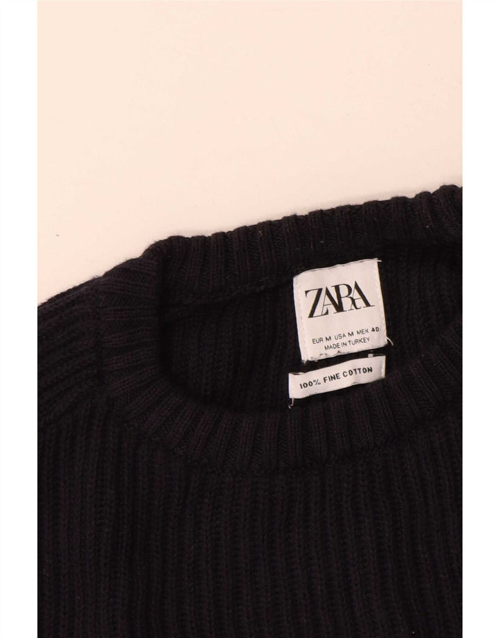 Zara Ανδρικό πουλόβερ με λαιμόκοψη μεσαίου μπλε βαμβακερό
