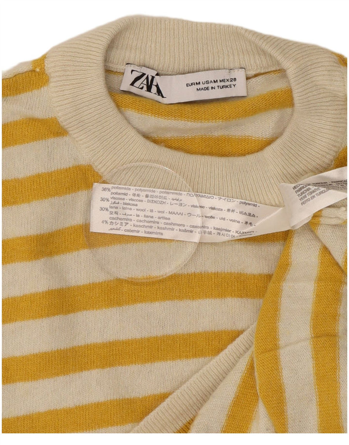 Zara Γυναικείο πουλόβερ με λαιμόκοψη UK 14 Μεσαίο κίτρινο ριγέ πολυαμίδιο