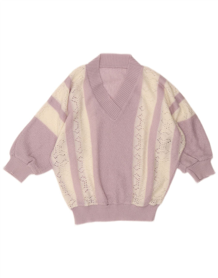 Vintage γυναικείο πουλόβερ με λαιμόκοψη με V λαιμόκοψη UK 10 Small Purple ριγέ