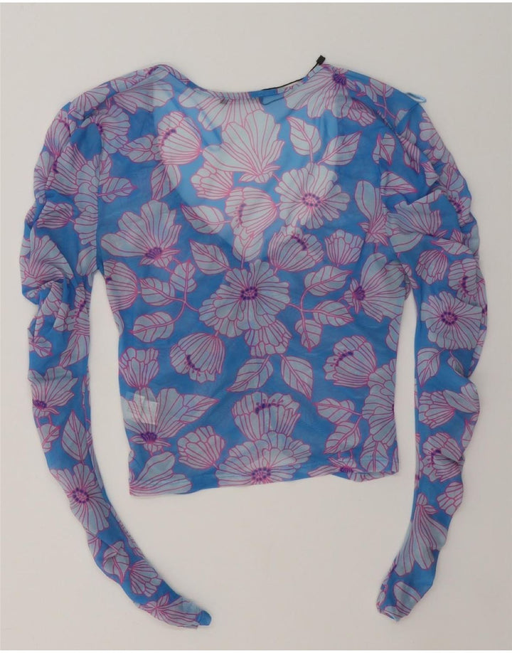 ZARA Womens Long Sleeve Crop Blouse Top UK 12 Medium Blue Floral Polyester Vintage Zara and Second-Hand Zara from Messina Hembry 