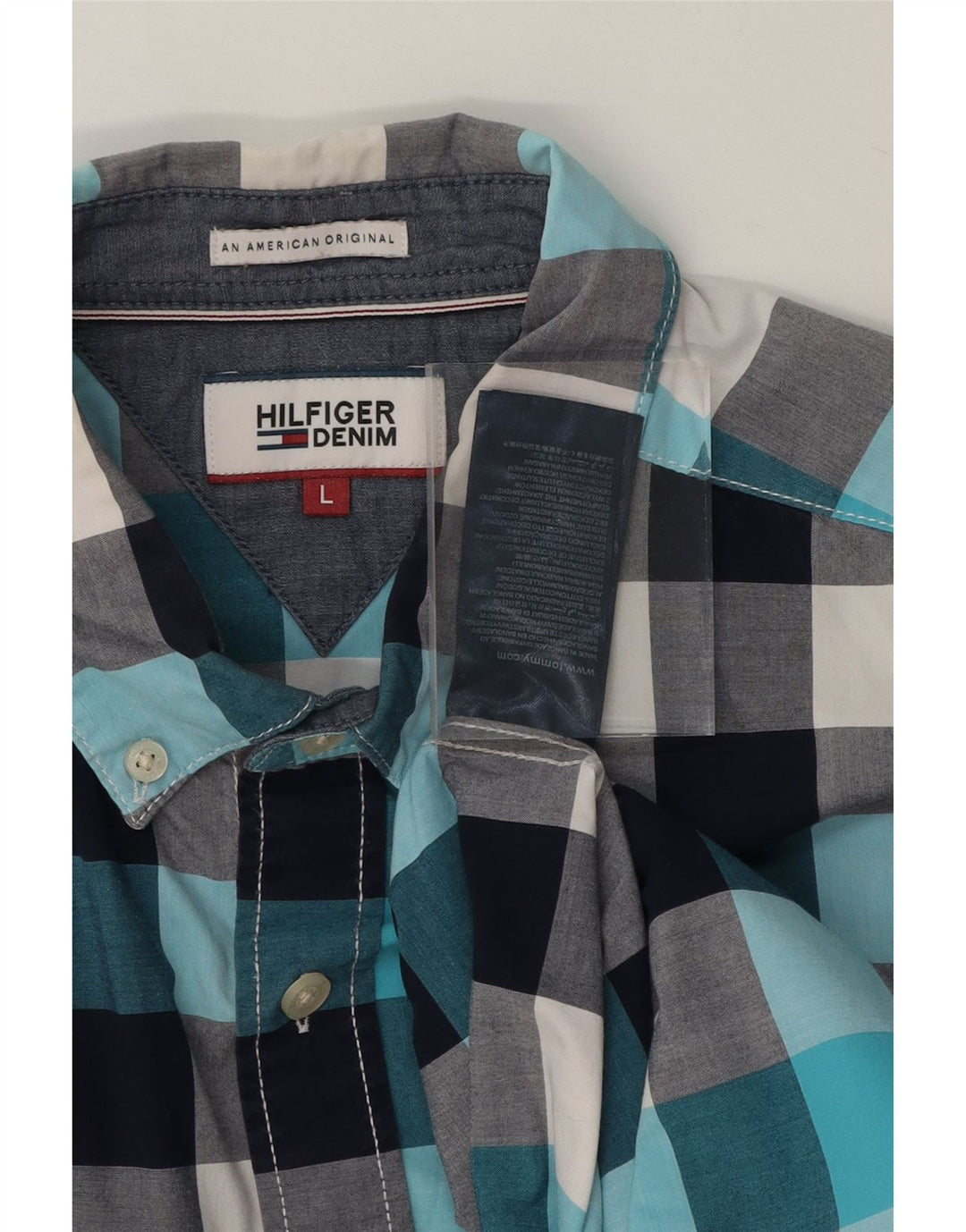TOMMY HILFIGER Mens Shirt Large Blue Check Cotton Vintage Tommy Hilfiger and Second-Hand Tommy Hilfiger from Messina Hembry 