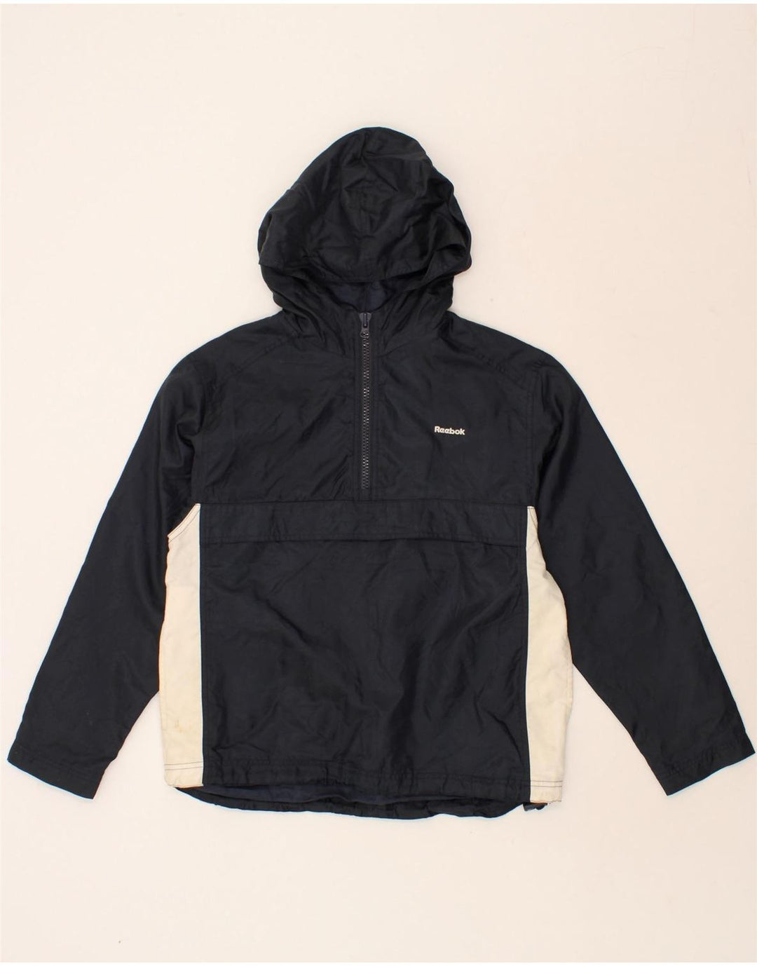 REEBOK Boys Hooded Anorak Jacket 9-10 Years Navy Blue Colourblock Vintage Reebok and Second-Hand Reebok from Messina Hembry 