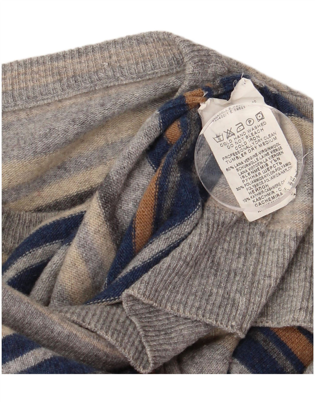 Vintage ανδρικό πουλόβερ με λαιμόκοψη, μικρό γκρι ριγέ παρθένο μαλλί
