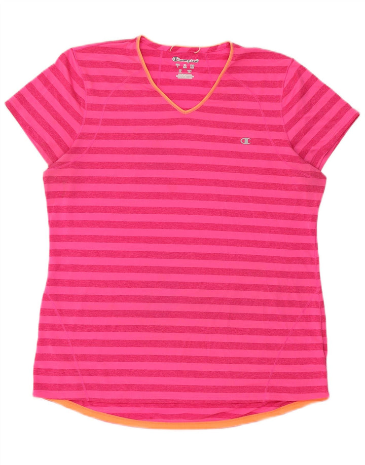 Champion γυναικείο T-shirt Top UK 16 μεγάλο ροζ ριγέ πολυεστέρα