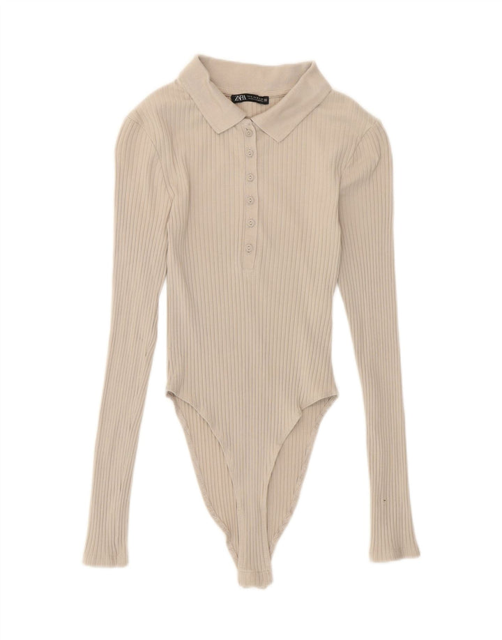Zara Γυναικείο μακρυμάνικο κορμάκι UK 8 Small Beige βαμβακερό