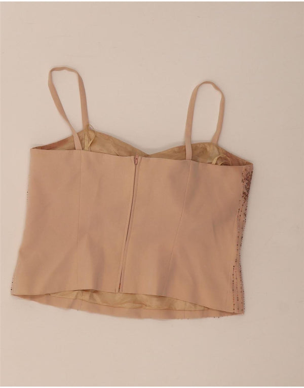 Musani Couture Womens Crop Cami Top 16 Large Beige Floral Triacetate