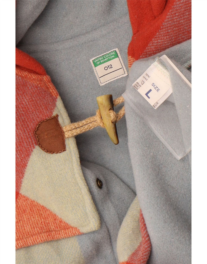 Benetton γυναικείο παλτό Duffle με κουκούλα UK 16 Μεγάλο πολύχρωμο καρό μαλλί