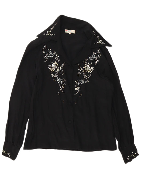 Vintage γυναικείο πουκάμισο μπλούζα UK 14 Medium Black Floral Silk