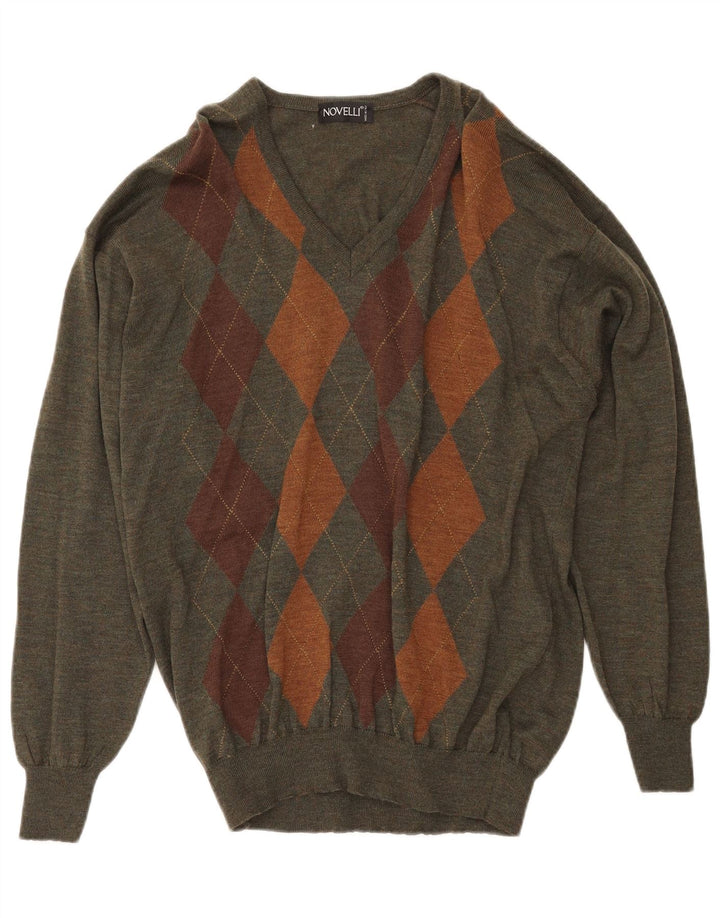 NOVELLI Ανδρικό πουλόβερ με λαιμόκοψη IT 52 Large Khaki Argyle/Diamond Wool