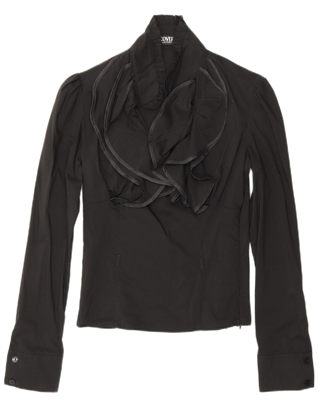 COVERI Γυναικείο βολάν μπροστινό μακρυμάνικο μπλούζα UK 10 Small Black Nylon
