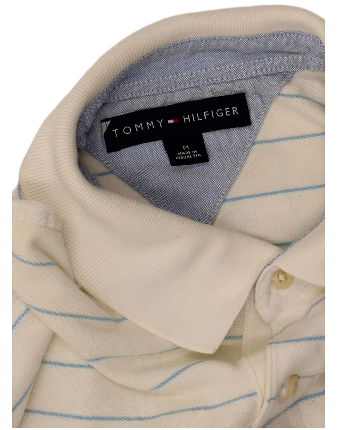 TOMMY HILFIGER Mens Polo Shirt Medium Off White Striped Cotton