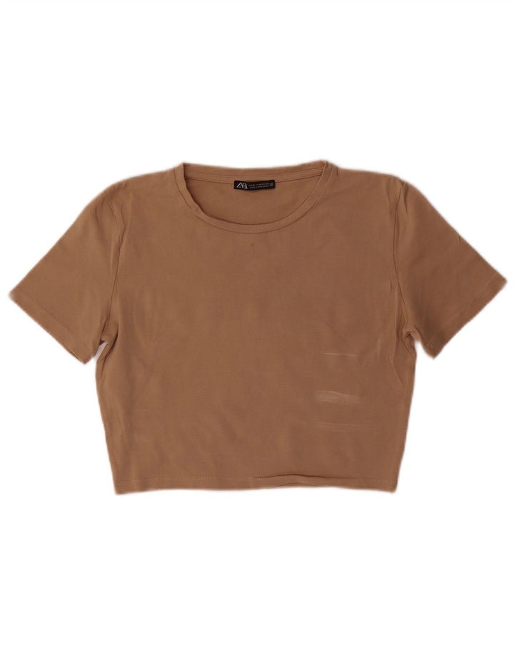 ZARA Womens Crop T-Shirt Top UK 12 Medium Brown