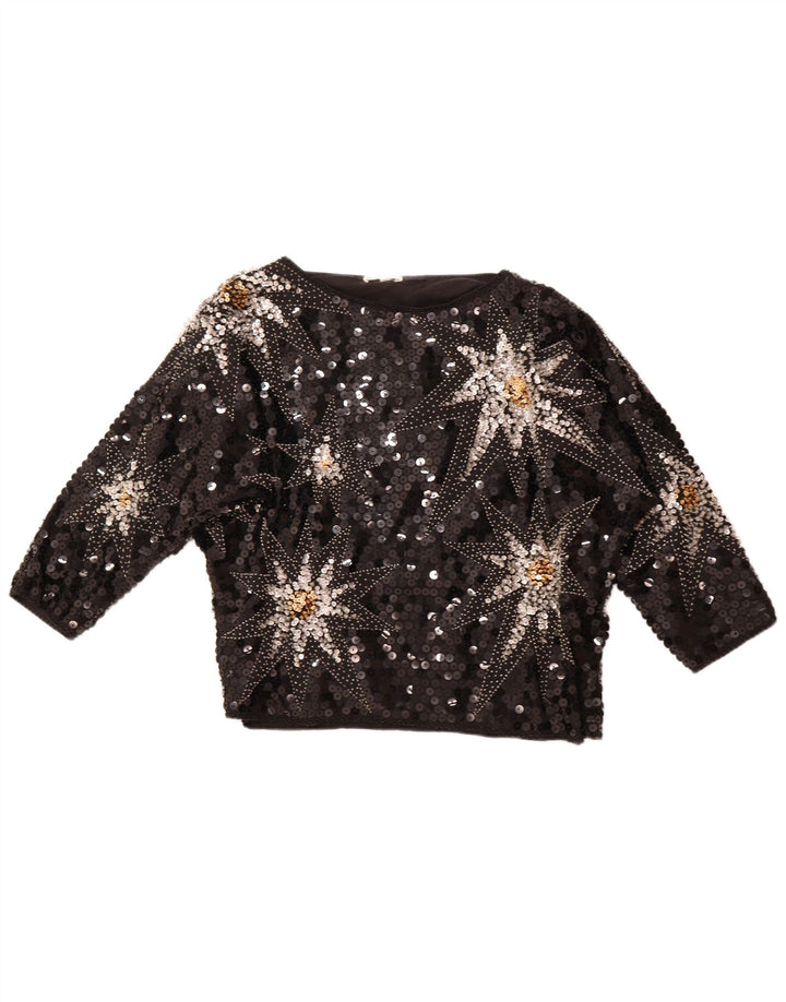 VINTAGE Γυναικεία Abstract Pattern 3/4 Μπλούζα με μανίκια τοπ EU 42 Large Black