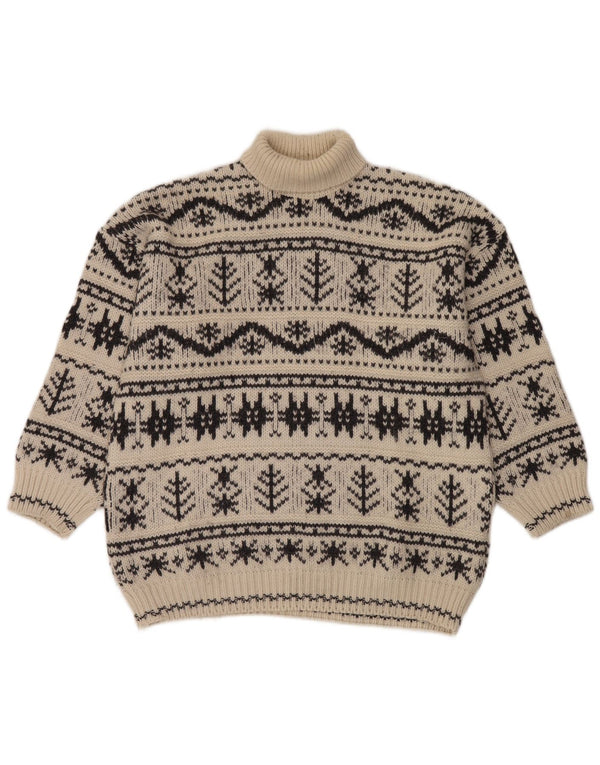 Vintage Mens Roll Neck Jumper Sweater Medium Off White Fair Isle Acrylic