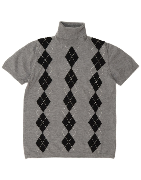 Vintage γυναικείο πουλόβερ με ρολό λαιμόκοψη UK 14 Medium Grey Argyle/Diamond