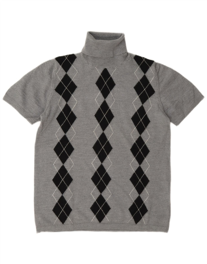 Vintage γυναικείο πουλόβερ με ρολό λαιμόκοψη UK 14 Medium Grey Argyle/Diamond
