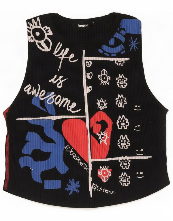 Desigual Womens Crop Abstract Pattern Graphic Vest Top 14 Large Black