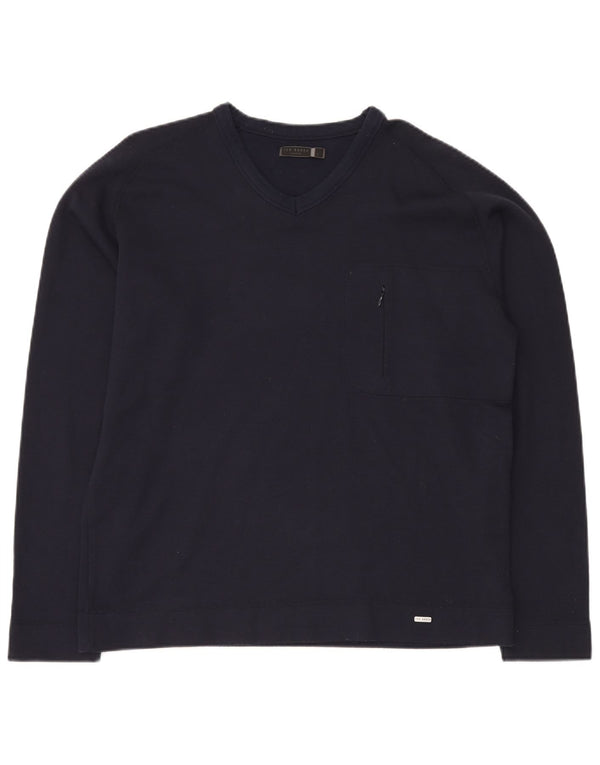 TED BAKER Ανδρικό πουλόβερ με λαιμόκοψη με λαιμόκοψη, μέγεθος 5 XL, μπλε βαμβακερό