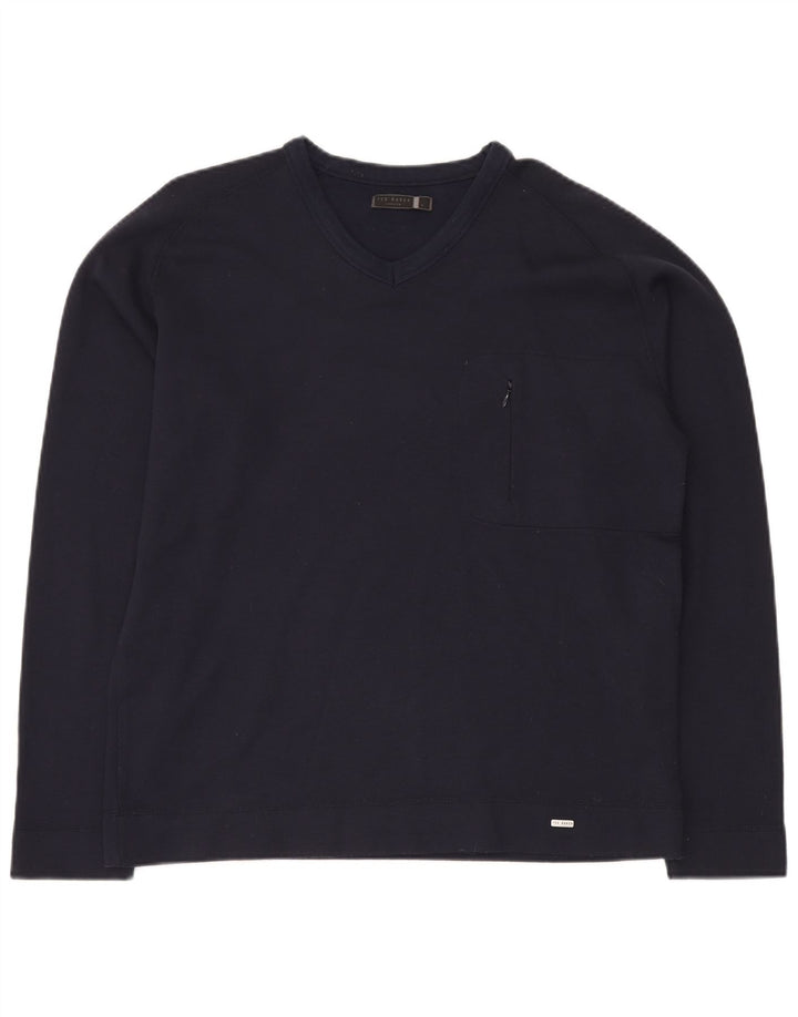 TED BAKER Ανδρικό πουλόβερ με λαιμόκοψη με λαιμόκοψη, μέγεθος 5 XL, μπλε βαμβακερό