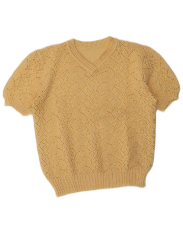 Vintage Womens Short Sleeve V-Neck Jumper Sweater UK 14 Medium Beige