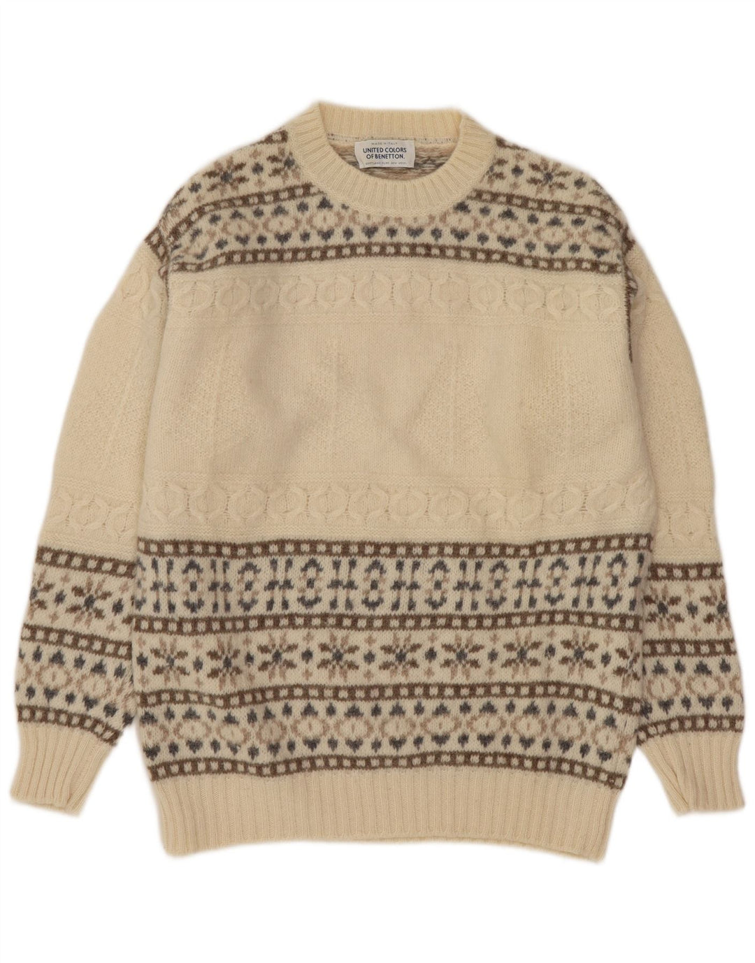 Ανδρικό πουλόβερ με λαιμόκοψη Benetton Small Off White Fair Isle Wool