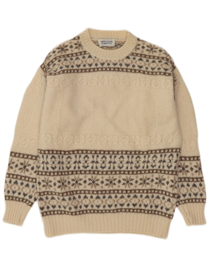 Ανδρικό πουλόβερ με λαιμόκοψη Benetton Small Off White Fair Isle Wool