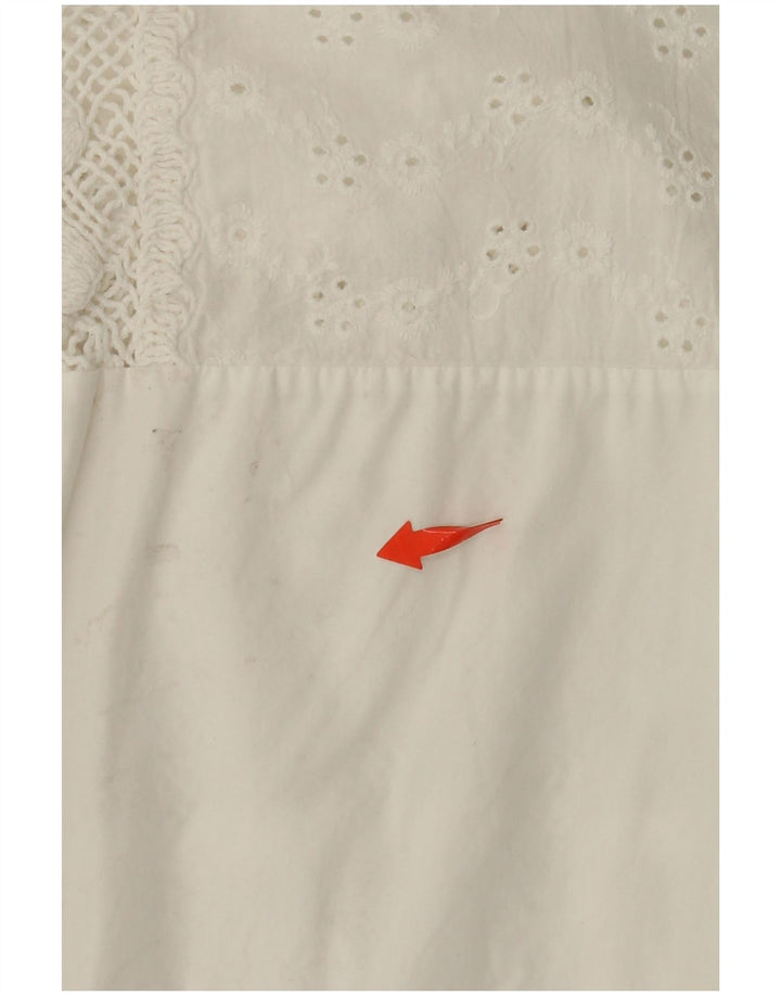 VINTAGE Γυναικείο πουκάμισο 3/4 μανίκι μπλούζα UK 14 Μεσαίο λευκό βαμβακερό φλοράλ