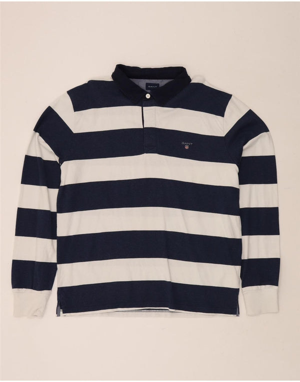 GANT Mens Long Sleeve Rugby Polo Shirt 2XL Navy Blue Striped Cotton