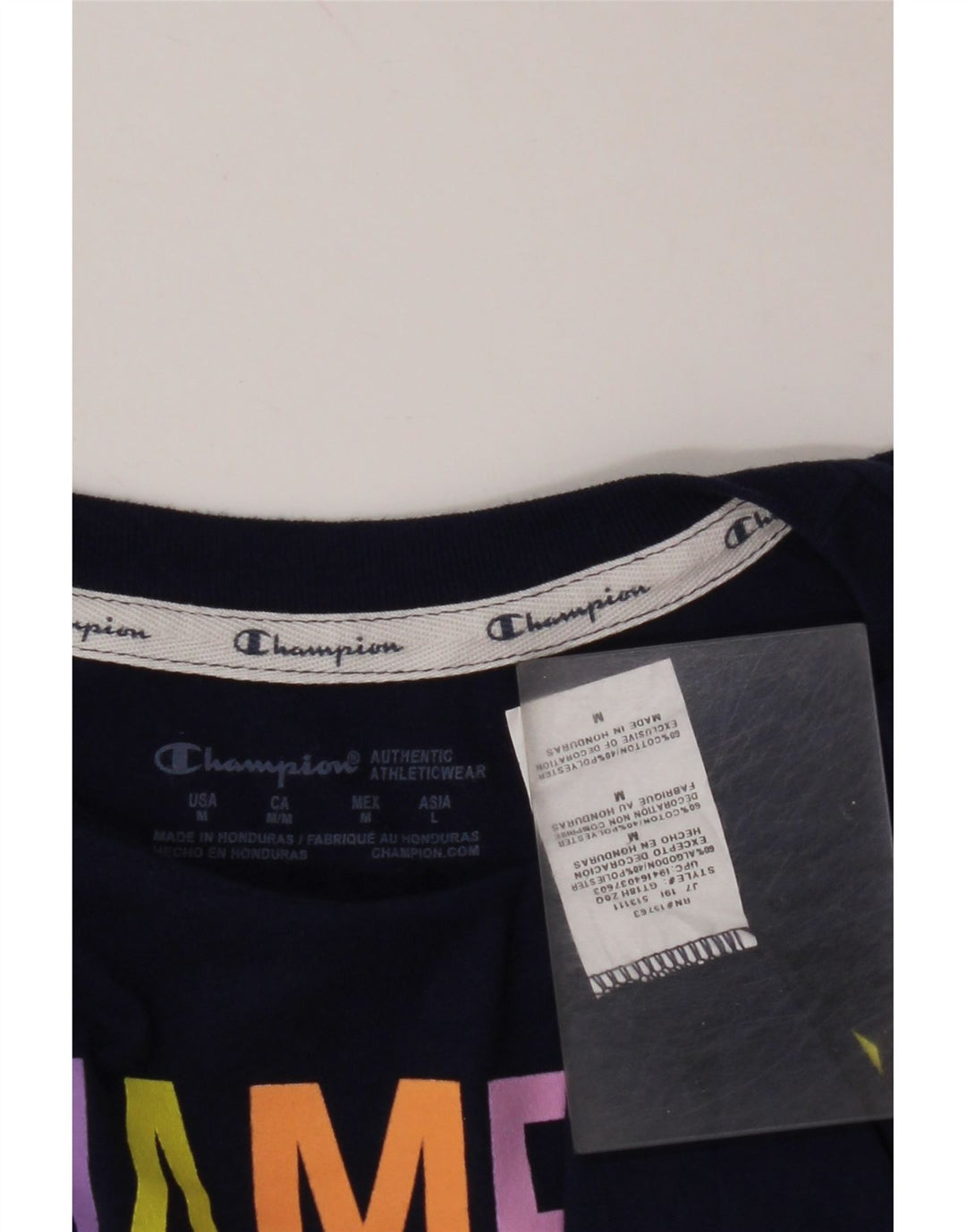 CHAMPION Γυναικείο Crop γραφικό T-shirt Top UK 14 Medium Navy Blue βαμβακερό