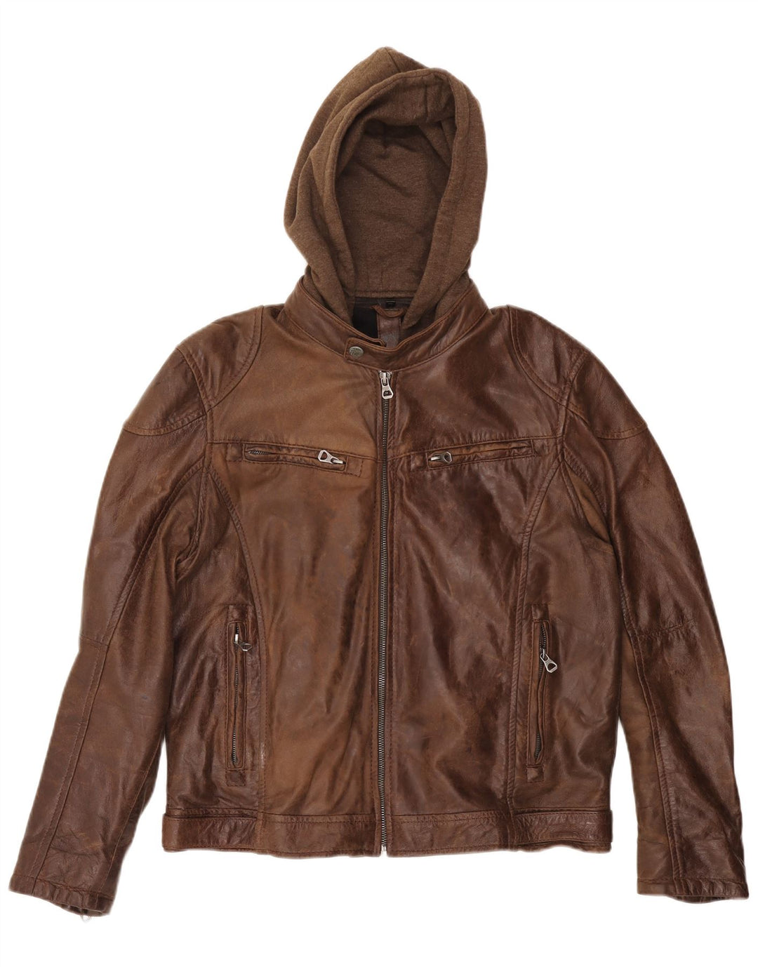 GIPSY Γυναικείο μεγάλο δερμάτινο μπουφάν με κουκούλα UK 20 2XL καφέ δέρμα