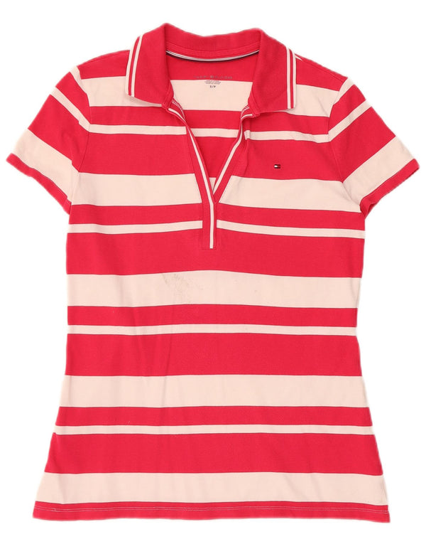 Tommy Hilfiger Womens Polo Shirt UK 10 Small Pink Striped Cotton