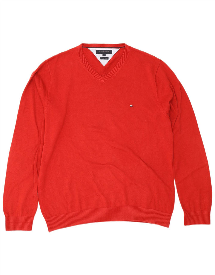 Ανδρικό πουλόβερ Tommy Hilfiger με V λαιμόκοψη, μεγάλο κόκκινο βαμβακερό