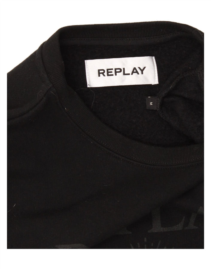 REPLAY Mens Graphic Sweatshirt Jumper Medium Black Vintage Replay and Second-Hand Replay from Messina Hembry 
