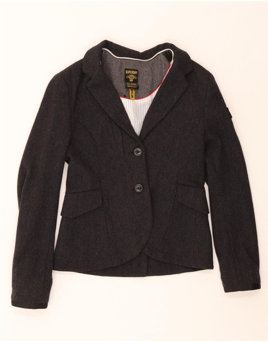 SUPERDRY Γυναικείο σακάκι blazer UK 12 μεσαίο γκρι μαλλί από ψαροκόκκαλο