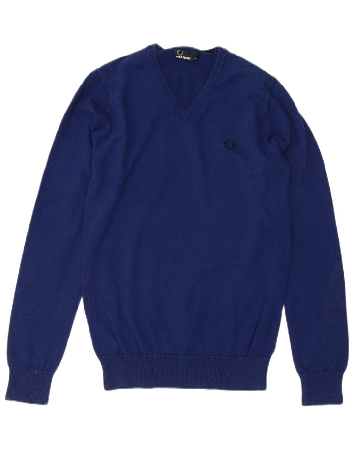 FRED PERRY Ανδρικό πουλόβερ με λαιμόκοψη με V λαιμόκοψη XS μπλε μαλλί