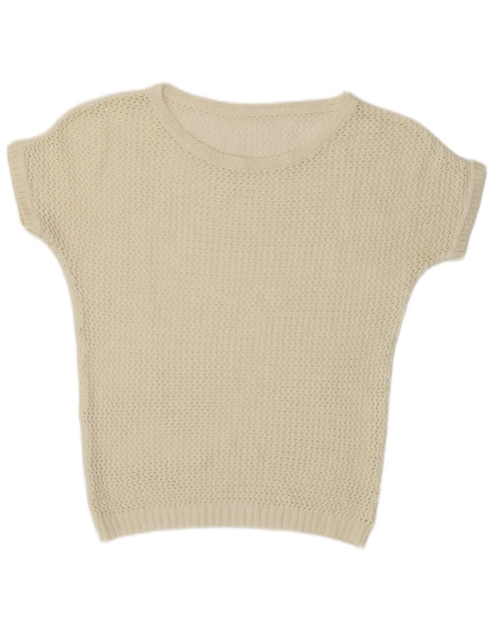 Vintage γυναικείο κοντομάνικο πουλόβερ με λαιμόκοψη UK 12 Medium Off White