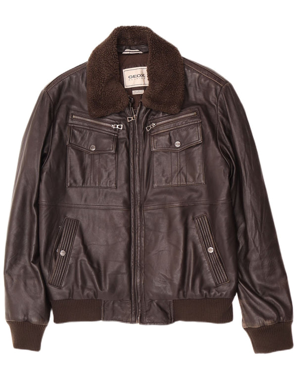 Geox Mens Bomber Leather Jacket UK 38 Medium Brown