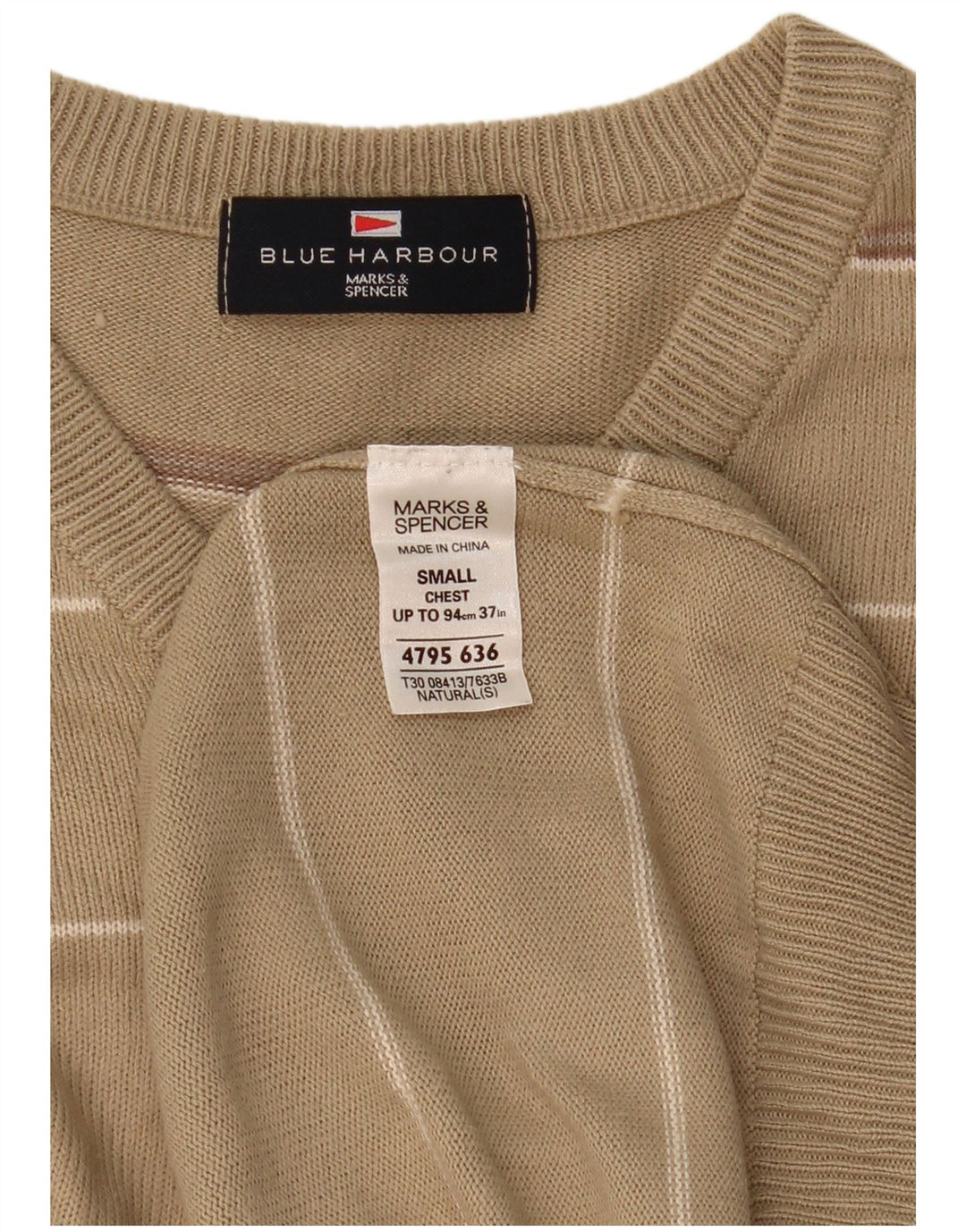 Ανδρικό πουλόβερ Marks & Spencer Blue Harbour με λαιμόκοψη με λαιμόκοψη, μικρό μπεζ ριγέ