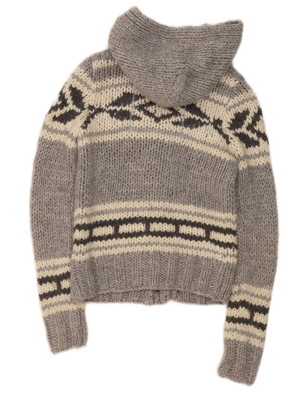 Superdry Womens Hooded Cardigan Sweater UK 6 XS Grey Geometric Acrylic