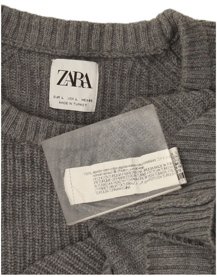 Ανδρικό πουλόβερ Zara με λαιμόκοψη μεγάλο γκρι βαμβακερό