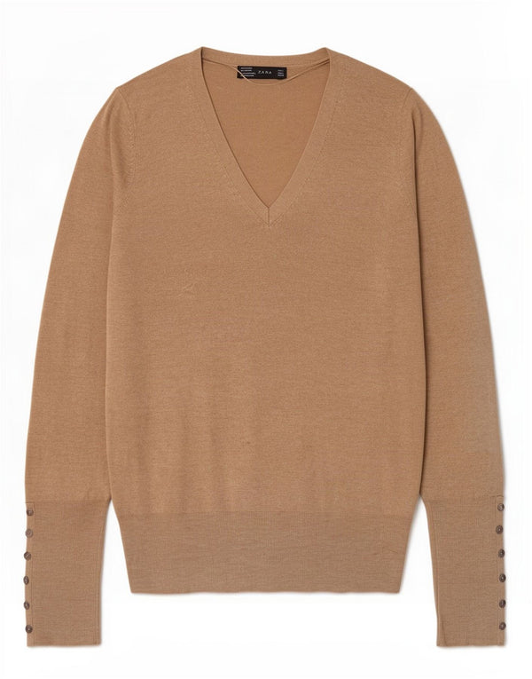 Zara Γυναικείο πουλόβερ με V λαιμόκοψη UK 14 Large Beige Rayon