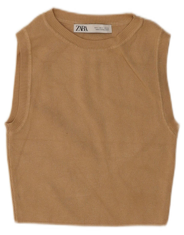 Zara Γυναικείο γιλέκο Crop UK 8 Μικρή Καφέ Βισκόζη